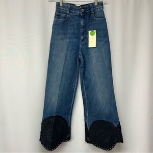 Stella McCartney Women's High-Rise Wide Leg Jeans with Crochet Hem - Blue